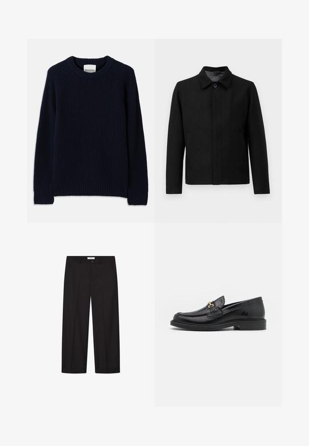 Črna jakna z gumbom, strukturiranim ovratnikom, dvema stranskima žepoma in teksturirano tkanino. Preprost, ravno krojen dizajn.; Temno modra rebrasta pletena majica z okroglim izrezom in dolgimi rokavi. Ima raven rob in teksturiran vzorec po celotni površini.; Črne široke hlače iz gladkega blaga. Imajo gumb in zadrgo, dva sprednja žepa in eleganten zaključek robov.; Črne usnjene loafers čevlje z zaobljenim prstom, ki imajo zlat nakit in podrobnosti šivanja, postavljene na nizko, teksturirano gumijasto podplat.