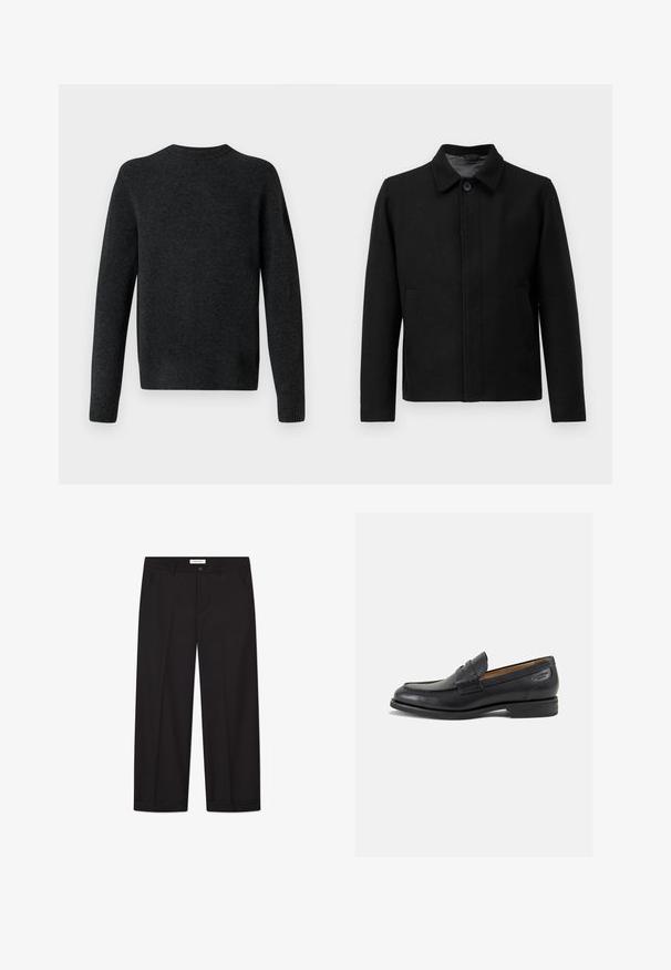 Zwarte jas met knoopsluiting, gestructureerde kraag, twee zijzakken en textiel met structuur. Eenvoudig, recht gesneden ontwerp.; Donkergrijze gebreide trui met een ronde hals, lange mouwen en een soepele textuur. Eenvoudig design, geen zichtbare patronen of hardwaredetails.; Effen witte kortemouwen relaxte T-shirt plat neergelegd op een lichtgrijze achtergrond.; Zwarte wijde broek van soepel materiaal. Voorzien van een knoop- en ritssluiting, twee voorkanten zakken en een nette zoomafwerking.; Zwarte leren loafers met een gladde afwerking, ronde neus en decoratieve stiksels op de wreef. Lage gestapelde hak en een lichte glans.