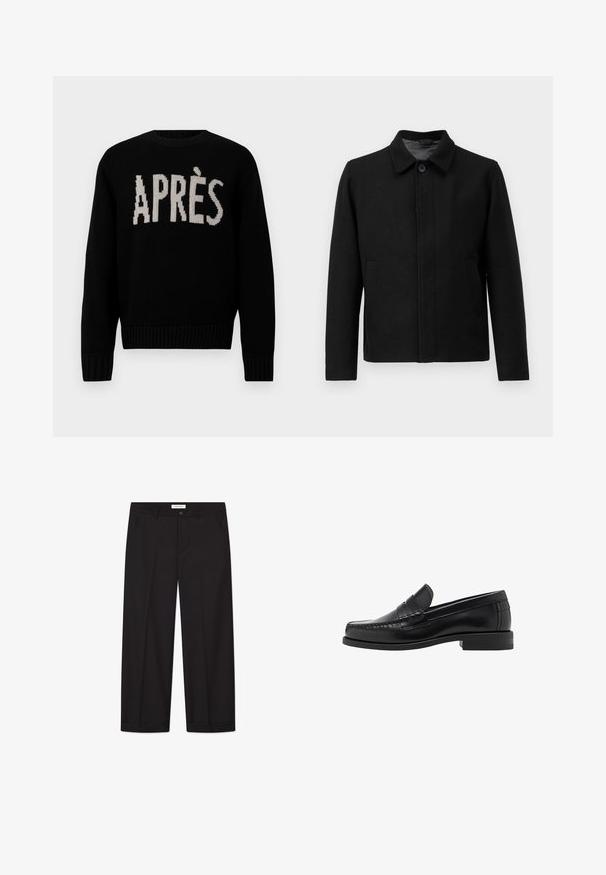 Veste noire avec une fermeture à boutons, col structuré, deux poches latérales et tissu texturé. Design simple et droit.; Pull en tricot noir avec le mot « APRÈS » en crème contrastante. Col rond classique avec des poignets et un ourlet côtelés. Texture douce.; T-shirt blanc à manches courtes, à coupe décontractée, posé à plat sur un fond gris clair.; Pantalons larges noirs en tissu lisse. Comprend une fermeture avec bouton et zip, deux poches avant et une finition ourlée nette.; Mocassins en cuir noir avec une finition lisse, des coutures sur le bout et un design à talon bas pour le confort et le style.