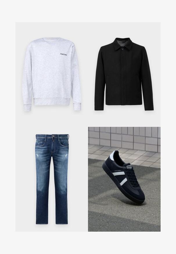 Juodas švarkas su mygtukų uždarymu, struktūrizuotu apykakle, dviem šoninėmis kišenėmis ir tekstūruota medžiaga. Paprastas, tiesus kirpimas.; Pilkas džemperis, pagamintas iš medvilnės mišinio, suapvalintas kaklas, ant kairiojo krūtinės šono yra mažas juodas "Club1990" užrašas.; Mėlynos denim kelnės su įprastu siluetu, su išblukusiu viršumi, mažomis dėvėjimo žymėmis, penkiomis kišenėmis ir kontrastingais siūlais. Mygtukų užsegimas juosmenyje.; Juodas odinis sportinis batelis su baltais dryžiais, tekstūruota gumine padais ir raišteliais priekyje. Yra prekės ženklą žymintis etiketė ant liežuvio.