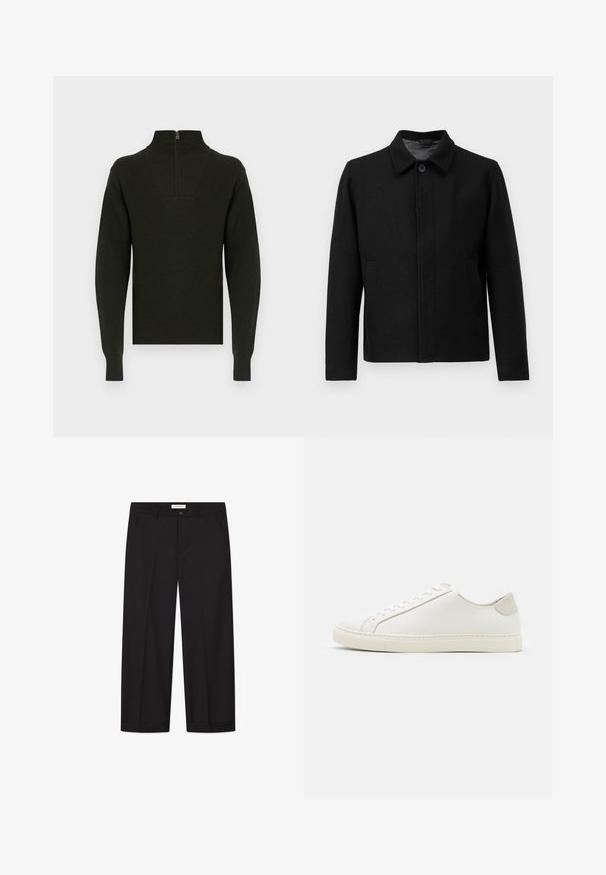 Jachetă neagră cu închidere prin buton, guler structurat, două buzunare laterale și țesătură texturată. Design simplu, cu croială dreaptă.; Pulover verde închis tricotat, cu guler înalt, manșete striate și un fermoar la jumătate pe spate. Textură netedă și design ajustat.; Pantaloni largi negri din țesătură netedă. Au închidere cu nasture și fermoar, două buzunare frontale și un finisaj curat la tiv.; Tenisii albi din piele cu o suprafață netedă, vârf rotund și un design minimalist. Prezintă accente bej pe toc și o talpă din cauciuc.