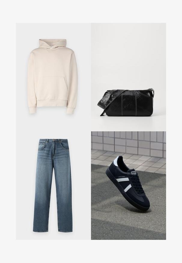 Čierna bunda s gombíkovým zapínaním, štruktúrovaným golierom, dvoma bočnými vreckami a textúrovanou tkaninou. Jednoduchý, rovný strih.; Béžová mikina vyrobená z jemnej tkaniny, s predným vreckom, rebrovanými manžetami a kapucňou so šnúrkou. Jednoduchý, nezdobený dizajn.; Džíny z modrej denimovej látky s rovným strihom a vyblednutým umývaním, s piatimi vreckami, kovovým gombíkom a pútkami na opasok. Pevná, stredne ťažká tkanina.; Čierne kožené tenisky s bielymi pruhmi, textúrovanou gumovou podrážkou a šnurovaním vpredu. Obsahujú označenie značky na jazyku.; Čierna kožená kabelka cez plece so zipsovým uzáverom, so štruktúrovaným telom, bielym prešívaním a popruhom so striebornými očkami.