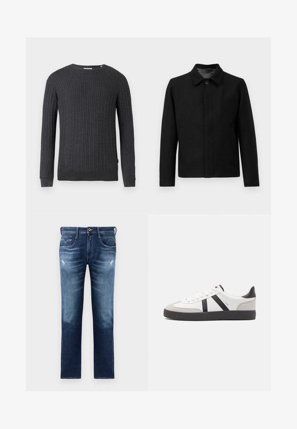 Svart jakke med knappelukking, strukturert krage, to sidelommer og teksturert stoff. Enkel, rettskåret design.; Mørk grå strikket genser med ribbestruktur, rund hals, lange ermer og en innsvingt kant. Har minimal merkevare på den nedre siden.; Blå denimjeans med vanlig passform, med en falmet vask, lett slitasje, fem lommer og kontraststing. Knapplukking i livet.; Hvite sneakers med svarte og grå detaljer, med en teksturert grå tåhette, svart gummisåle, og flate hvite lisser. Rent design, minimalistisk stil.