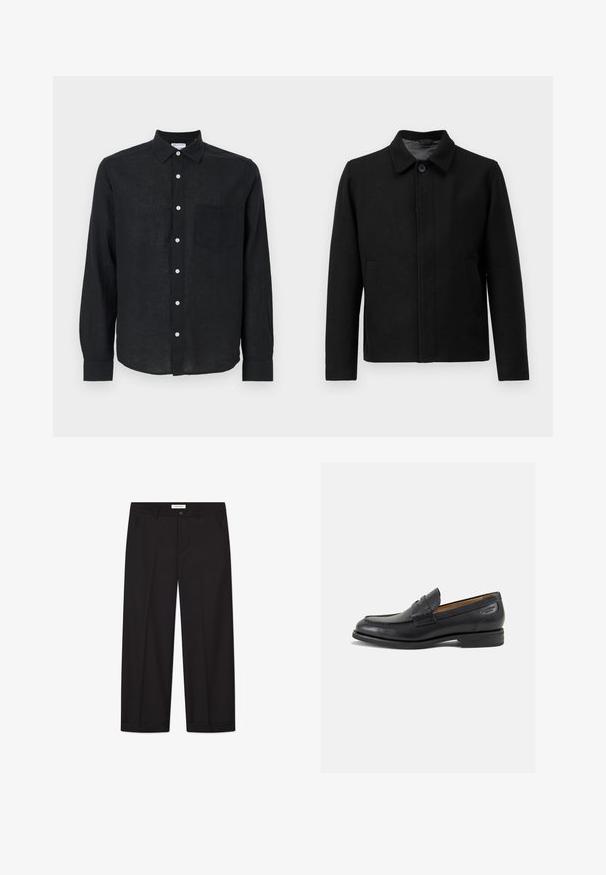 Fekete dzseki gombos záródással, strukturált gallérral, két oldalsó zsebbel és textúrált anyaggal. Egyszerű, egyenes vonalú dizájn.; Fekete, hosszú ujjú vászon ing, gombos elülső résszel, hegyes gallérral és egyetlen mellzsebbel. Sima textúra.; Sima fehér, rövid ujjú, laza szabású póló, laposan elhelyezve világosszürke háttéren.; Fekete, bő lábú nadrág sima anyagból. Gombbal és cipzárral záródik, két elülső zsebbel és éles szegéllyel rendelkezik.; Fekete bőr loaferek sima felülettel, lekerekített orral és díszítő varrással a lábfejen. Alacsony, réteges sarkú és enyhe fényű.
