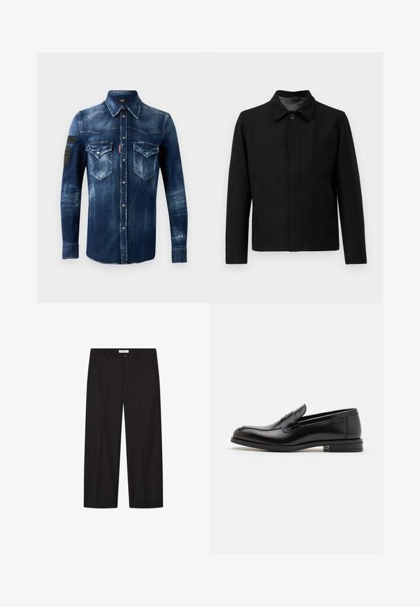 Jachetă neagră cu închidere prin buton, guler structurat, două buzunare laterale și țesătură texturată. Design simplu, cu croială dreaptă.; Cămașă din denim albastru închis cu mânecă lungă, cu închidere prin butoane, două buzunare cu clapetă pe piept și detalii uzate, având petice negre pe mâneca stângă.; Pantaloni largi negri din țesătură netedă. Au închidere cu nasture și fermoar, două buzunare frontale și un finisaj curat la tiv.; Mocasini din piele neagră cu o textură netedă, vârf rotund și o curea decorativă peste partea superioară. Toc mic, design minimalist.