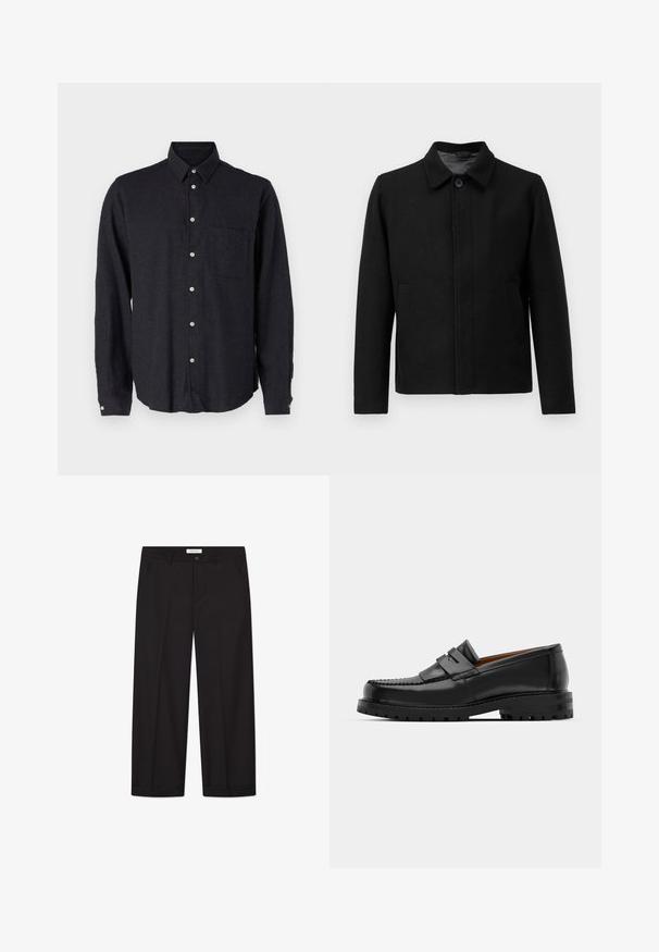 Black jacket with a button closure, structured collar, two side pockets, and textured fabric. Simple, straight-cut design.; Dark gray long-sleeve shirt made from textured fabric. Features a button-down collar, front pocket, and button closure with silver buttons.; Plain white short-sleeve relaxed-fit T-shirt laid flat on light gray background.; Black wide-leg trousers made of smooth fabric. Features a button and zipper closure, two front pockets, and a crisp hem finish.; Black leather loafers feature a raised seam, two decorative straps on the upper, and a thick textured sole for added grip.