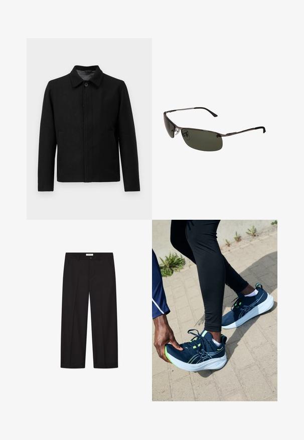 Giacca nera con chiusura a bottone, colletto strutturato, due tasche laterali e tessuto testurizzato. Design semplice e dritto.; T-shirt bianco corto a maniche corte dalla vestibilità rilassata disteso su uno sfondo grigio chiaro.; Pantaloni larghi neri realizzati in tessuto liscio. Presentano una chiusura con bottone e zip, due tasche frontali e un orlo ben definito.; Scarpe da ginnastica blu navy con dettagli verdi, tomaia in mesh testurizzato e suola bianca spessa. Un piede regola la scarpa mentre è in piedi su un sentiero.; Occhiali da sole con lenti verde scuro, montatura in metallo elegante, design curvo e naselli regolabili. Presentano tempie sottili e nere.