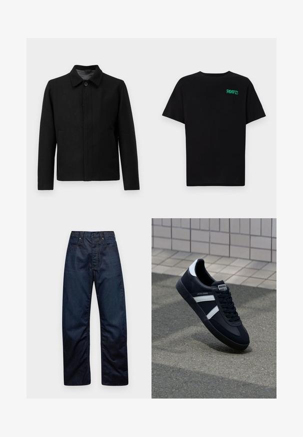 Juodas švarkas su mygtukų uždarymu, struktūrizuotu apykakle, dviem šoninėmis kišenėmis ir tekstūruota medžiaga. Paprastas, tiesus kirpimas.; Juodas medvilninis marškinėliai trumpomis rankovėmis. Priekyje yra žalias „ROOTS“ logotipas, apvalus iškirpimas ir standartinė prigludimo forma.; Tamsiai mėlyni džinsai su tiesiu kirpimu, turintys dvi priekines kišenes ir siuvinėjimo akcentus siūlėse bei juosmens linijoje.; Juodas odinis sportinis batelis su baltais dryžiais, tekstūruota gumine padais ir raišteliais priekyje. Yra prekės ženklą žymintis etiketė ant liežuvio.
