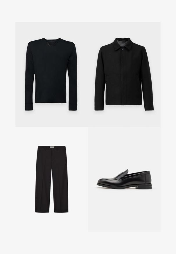 Svart jacka med knäppning, strukturerad krage, två sidofickor och textilstruktur. Enkel, rak snittdesign.; Svart långärmad tröja i mjukt tyg, med en rundad halsringning som har fem dekorativa knappar på vänster axel och ribbad mudd.; Svarta vida byxor i ett mjukt tyg. Har en knapp- och dragkedjestängning, två framfickor och en skarp fållavslut.; Svarta läderloafers med en slät yta, rund tå och ett dekorativt band över främre delen. Låg staplad klack, minimalistisk design.