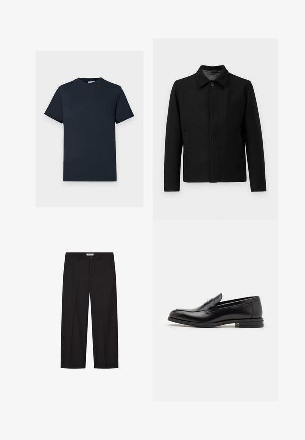 Musta takki nappisuljennolla, jämäkkä kaulus, kaksi sivutaskua ja teksturoitu kangas. Yksinkertainen, suora leikkaus.; Laivansininen puuvillapaita, lyhyet hihat, pyöreä pääntie, jossa on teksturoitu logo-design rinnassa vaaleammassa sävyssä.; Mustat leveälahkeiset housut, jotka on valmistettu sileästä kankaasta. Ominaisuuksiin kuuluu nappi- ja vetoketjusuljenta, kaksi etutaskua ja siisti helman viimeistely.; Mustat nahkakengät, joissa on sileä pinta, pyöreä kärki ja koristeellinen nauha jalkapöydän yli. Matala pinoitu koroke, minimalistinen muotoilu.