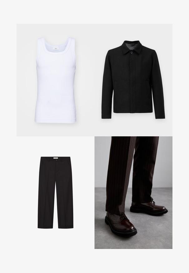 Zwarte jas met knoopsluiting, gestructureerde kraag, twee zijzakken en textiel met structuur. Eenvoudig, recht gesneden ontwerp.; Witte katoenen mouwloze tanktop met een ronde halslijn, met een gladde textuur en een aansluitende pasvorm, ontworpen voor casual gebruik.; Zwarte wijde broek van soepel materiaal. Voorzien van een knoop- en ritssluiting, twee voorkanten zakken en een nette zoomafwerking.; Bruine leren veterschoenen met een glanzende afwerking, zwarte rubberen zool en subtiele stiksels. Draag ze met bruin gestreepte broek.