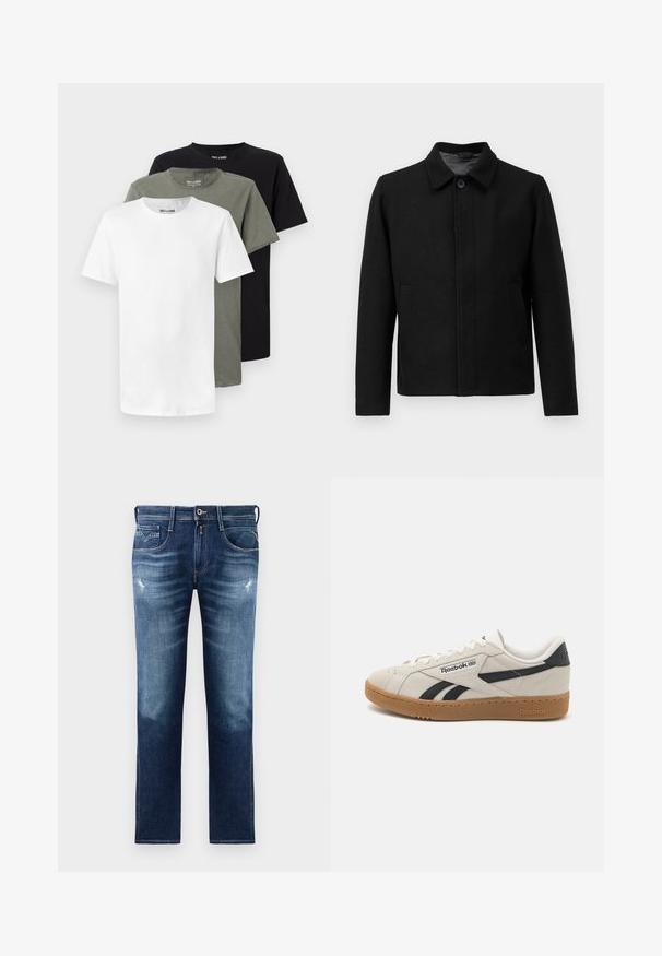 Sort jakke med knaplukning, struktureret krave, to sidelommer og tekstureret stof. Enkel, lige snit design.; Tre crew-neck t-shirts i hvid, olivengrøn og sort. Lavet af blødt bomuld, med korte ærmer og en afslappet pasform.; Blå denim jeans med regular fit, med en blegnet vask, let slid, fem lommer og kontrastsyninger. Knaplukning i taljen.; Reebok sneakers i beige suede med sorte accenter. Har en gummigummisål, traditionel snøring og polstret krave for komfort.