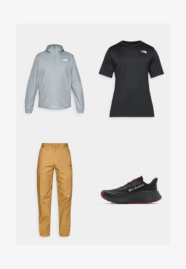 Světlé šedé větrové bundy s kapucí, elastickými manžetami, předním zipem a bílým logem na levém prsu. Hladký, voděodolný materiál.; Černé tričko s krátkým rukávem vyrobené z lehkého, vlhkost-odvádějícího materiálu. Obsahuje bílé logo na levé hrudi a kulatý výstřih.; Pánské hnědé pracovní kalhoty s předními kapsami, poutky na opasek, zapínáním na knoflík a malým kulatým logem na pravém stehně.; Černá sportovní bota s texturovaným svrškem, červenými tkaničkami a logem. Silná podrážka s vzorovaným dezénem pro lepší trakci. Minimalistický design, boční pohled.
