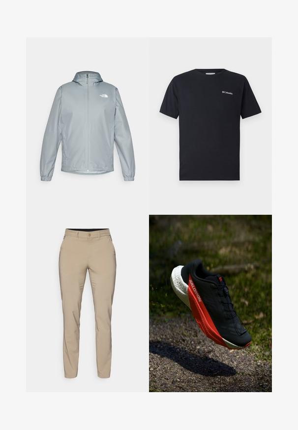 Světlé šedé větrové bundy s kapucí, elastickými manžetami, předním zipem a bílým logem na levém prsu. Hladký, voděodolný materiál.; Černé tričko s krátkým rukávem vyrobené z bavlny, s malým bílým logem Columbia na levé části hrudi. Klasický kulatý výstřih a volný střih.; Beige kalhoty vyrobené z hladké látky s úzkým střihem, s jedním knoflíkem na zapínání a bočními kapsami, končící na kotníku.; Černá běžecká obuv s červenými akcenty, lehký síťovaný svršek, strukturovaná bílá podešev a systém šněrování. Navržena pro výkon a pohodlí.