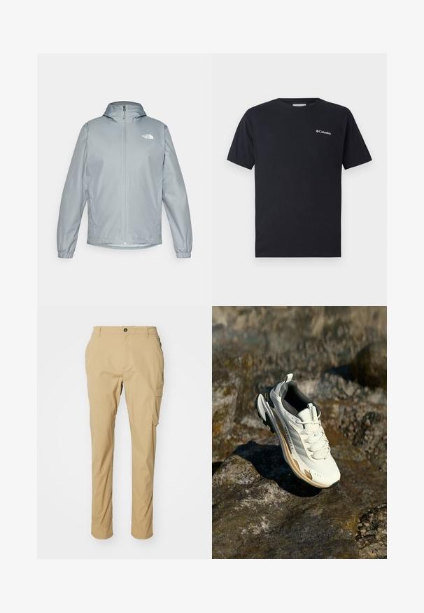 Šviesiai pilkas vėjui atsparus striukė su kapišonu, elastingomis rankogaliais, priekiniais užtrauktukais ir baltu logotipu ant kairiojo krūtinės. Lygaus, vandeniui atsparaus audinio.; Juodas trumpas rankovės marškinėliai iš medvilnės, su mažu baltu Columbia logotipu kairėje priekyje. Klasikinis apvalus iškirpimas ir laisvas kirpimas.; Šviesiai rudos cargo kelnės, pagamintos iš lengvos medžiagos, tiesaus kirpimo, su šoninėmis kišenėmis ir sagčių užsegimu liemens srityje.; Vyriški žygio batai su šviesiai pilku tinkleliu viršuje, smėlio spalvos akcentais ir tvirtu žaliu gumuotu padu. Turi paminkštintą apykaklę ir raištelių sistemą.