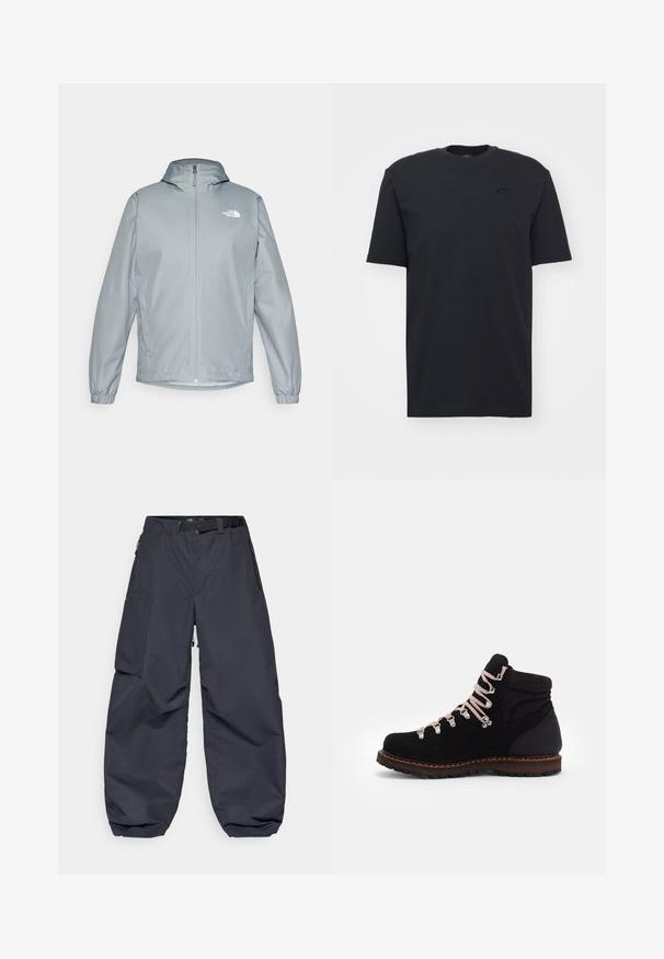 Gai pelēks vējjakas mētelis ar kapuci, elastīgiem piedurkņu galiem, priekšējo rāvējslēdzēju un balto logo kreisajā krūtīs. Gluda, ūdensizturīga materiāla.; Melna kokvilnas T-kreklu ar īsām piedurknēm un apļa kakla izgriezumu, ar diskrētu logotipa akcentu uz krūšu daļas un brīvu piegriezumu.; Tumši pelēki cargo bikses, kas izgatavotas no mīkstas, izturīgas auduma. Tām ir plata, brīva piegriezuma forma, vairākas kabatas un josta gurniem, lai pielāgotu apģērbu.; Melnas zamšādas pārgājienu zābaki ar rozā šņorēm, metāla acs, mīkstinātu potīšu atbalstu un teksturētu gumijas zoli, ar kontrastējošu brūnu vidussole.