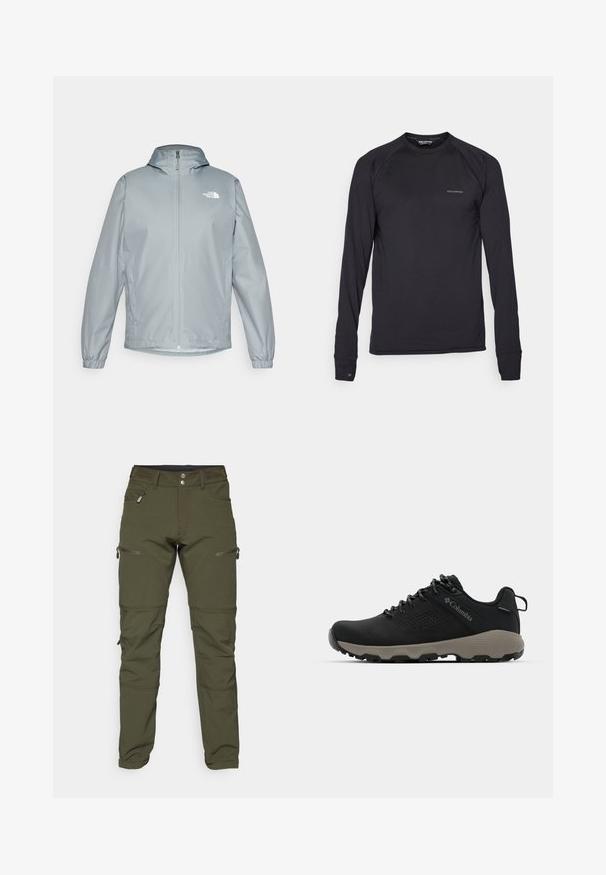 Šviesiai pilkas vėjui atsparus striukė su kapišonu, elastingomis rankogaliais, priekiniais užtrauktukais ir baltu logotipu ant kairiojo krūtinės. Lygaus, vandeniui atsparaus audinio.; Juodas ilgarankovis Salomon sportinis marškinėliai su apvaliu kaklu ir subtiliu logotipu ant krūtinės bei kairiojo riešo apdailos, pristatyti ant Baltos fono.; Tamsiai žali kelnes, pagamintas iš tamprios medžiagos. Su dviem užtrauktukais uždarytomis šoninėmis kišenėmis ir kelių siūlėmis, užtikrinančiomis lankstumą. Tinkamo silueto dizainas su glotnia tekstūra.; Juodas žygio batukas su lygiu viršumi, perforuotu dizainu, pilku padu ir sustiprintu kulnu. Yra raišteliai ir kilputė, skirta patogiam užsivilkimui.