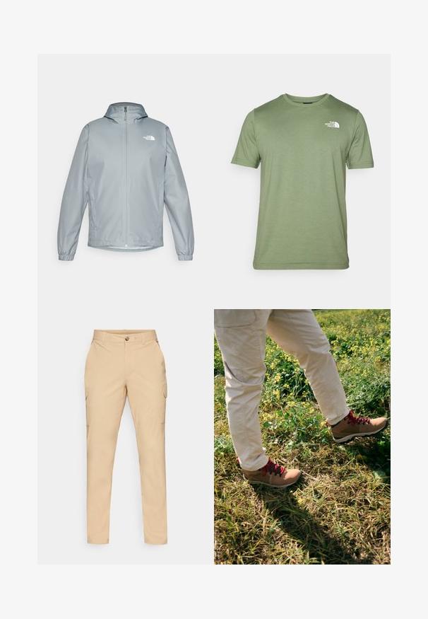 Heleda hallhallane tuulejope kapuutsiga, elastsete mansettide, ees oleva tõmbluku ja valge logoga vasakul rinnal. Sile, veekindel materjal.; Õlivarjundiga lühikeste varrukatega T-särk, mis on valmistatud pehmest kangast. Omab ümmargust kaelust ja valget logo vasakul rinnal. Ühtlane tekstuur kogu ulatuses.; Beige cargo püksid, millel on nööpkinnitus, kitsas lõige, küljetaskud ja sile puuvillane segakanga materjal. Ilma nähtavate mustrite või aksesuaarideta.; PRUUNID RÄNDI KINGAD, KUS ON PUNASED NÖÖRID, KUMMIST TALD JA PEHMENDATUD KRAE, KANDJAD KREEMIKA TUULEGA PÜKSID JA SAMAL AJAL KÕNDIMAS ROHELISSES ROINAS.