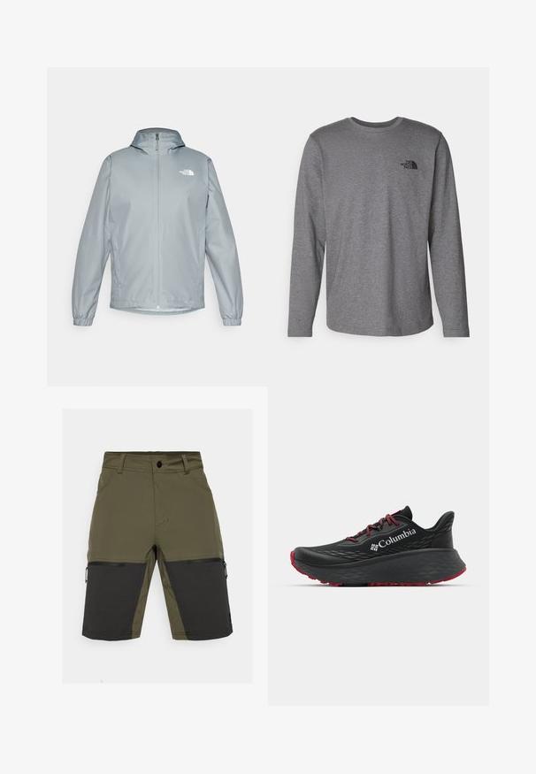 Giacca a vento grigia chiara con cappuccio, polsini elasticizzati, zip frontale e un logo bianco sul lato sinistro del petto. Materiale liscio e resistente all'acqua.; The North Face M L/S SIMPLE DOME TEE - Maglietta a manica lunga - medium grey heather; Pantaloni corti verdi oliva con dettagli neri, dotati di tasca con zip e texture liscia. Progettati con un taglio dritto e materiale resistente.; Scarpa sportiva nera con tomaia testurizzata, lacci rossi e logo. Suola spessa con battistrada a righe per una buona aderenza. Design minimalista, vista laterale.