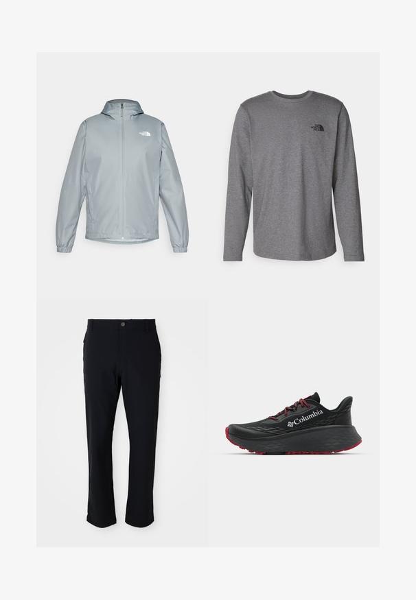 Giacca a vento grigia chiara con cappuccio, polsini elasticizzati, zip frontale e un logo bianco sul lato sinistro del petto. Materiale liscio e resistente all'acqua.; The North Face M L/S SIMPLE DOME TEE - Maglietta a manica lunga - medium grey heather; Pantaloni neri con chiusura a bottone, design a gamba dritta, texture liscia e tasche laterali, adatti per diverse occasioni.; Scarpa sportiva nera con tomaia testurizzata, lacci rossi e logo. Suola spessa con battistrada a righe per una buona aderenza. Design minimalista, vista laterale.