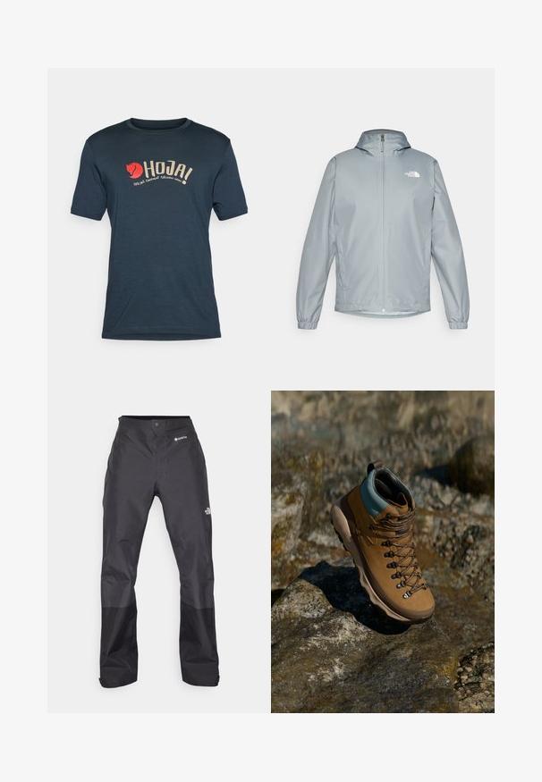Casaco corta-vento cinza claro com capuz, punhos elásticos, fecho de correr à frente e um logotipo branco no lado esquerdo do peito. Material liso e resistente à água.; T-shirt azul marinho feita de tecido leve, apresentando um logotipo com uma imagem de uma raposa vermelha e o texto "HOJA! EQUIPAMENTO DE CICLISMO FJÄLLRÄVEN SUÉCIA."; Calças impermeáveis pretas com uma textura suave, apresentando um logotipo GORE-TEX na frente, e pernas inferiores reforçadas para maior durabilidade.; Bota de caminhada castanha com uma parte superior sintética, colarinho azul claro, ilhós de metal e sola de borracha texturizada. Projetada para atividades ao ar livre.