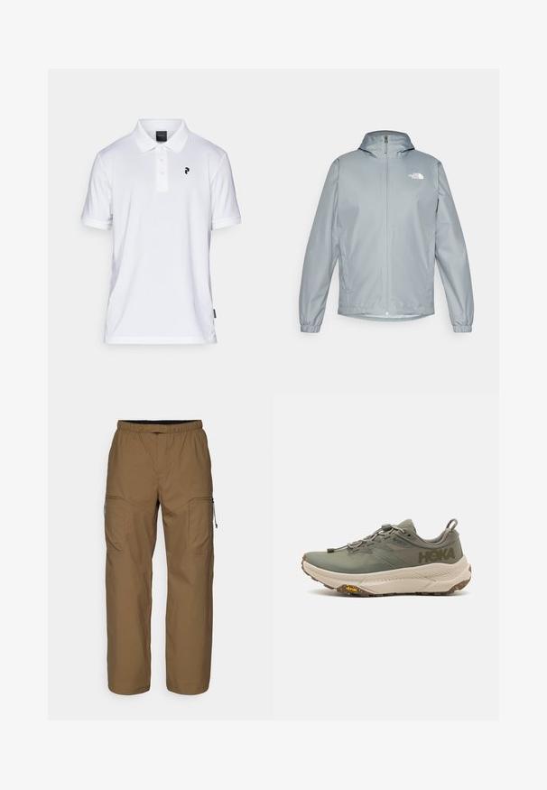 Giacca a vento grigia chiara con cappuccio, polsini elasticizzati, zip frontale e un logo bianco sul lato sinistro del petto. Materiale liscio e resistente all'acqua.; Polo shirt bianco realizzato in tessuto liscio con una chiusura a tre bottoni e un piccolo logo nero sul lato sinistro del petto. Maniche corte, vestibilità classica.; Pantaloni cargo marroni, leggeri, con un elastico in vita, tasche laterali con zip e un taglio ampio. Tessuto morbido e minimalismo nei dettagli.; Scarpa da corsa Hoka verde con tomaia in Gore-Tex, dettagli testurizzati, lacci elasticizzati e suola spessa beige con logo Vibram.