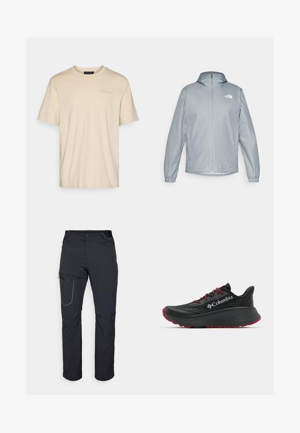 Hellegraue Windjacke mit Kapuze, elastischen Bündchen, Frontreißverschluss und einem weißen Logo auf der linken Brust. Glattes, wasserabweisendes Material.; Beige Baumwoll-T-Shirt mit kurzen Ärmeln und rundem Ausschnitt. Mit einem dezenten aufgestickten Logo auf der Brust. Weiche, glatte Textur.; Schwarze Outdoor-Hosen mit einem Reißverschlusstaschen an den Oberschenkeln, elastischem Bund und glattem, wasserabweisendem Stoff. Sauberes Design ohne sichtbare Logos.; Schwarzer Sportschuh mit strukturiertem Obermaterial, roten Schnürsenkeln und Logo. Dicke Sohle mit strukturiertem Profil für Traktion. Minimalistisches Design, Seitenansicht.