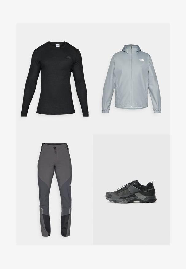 Light grey windbreaker jacket with a hood, elastic cuffs, front zipper, and a white logo on the left chest. Smooth, water-resistant material.; Long-sleeve black shirt made of a lightweight, smooth material with a round neckline and a small, black logo on the front left side.; Grey hiking pants featuring a tapered design, multiple pockets, and contrasting dark grey and black accents. Made from a flexible, durable material.; Black trail running shoe with a durable mesh upper, reinforced toe cap, textured rubber sole, and elastic lacing system for secure fit.