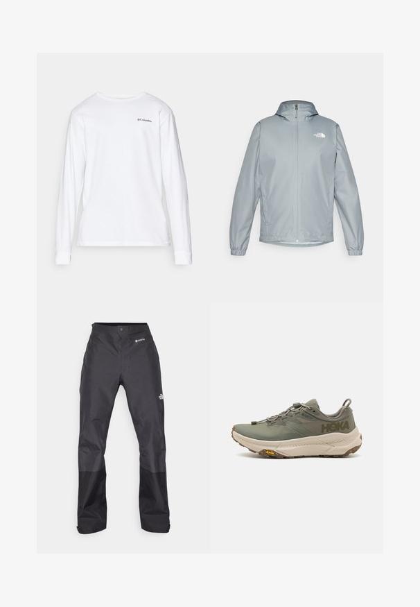 Heleda hallhallane tuulejope kapuutsiga, elastsete mansettide, ees oleva tõmbluku ja valge logoga vasakul rinnal. Sile, veekindel materjal.; Pikad varrukad valgest puuvillast särgist, millel on ümmargune kaelus ja väike must logo vasakus rinnapiirkonnas.; Mustad vettpidavad püksid, millel on sile tekstuur, ees GORE-TEX logo ja tugevdatud alumised jalad vastupidavuse tagamiseks.; Roheline Hoka jooksuvariant Gore-Tex ülaserva, tekstuursete aksentidega, elastsete paeltega ning paksu beezise välispinnaga, millel on Vibrami logo.