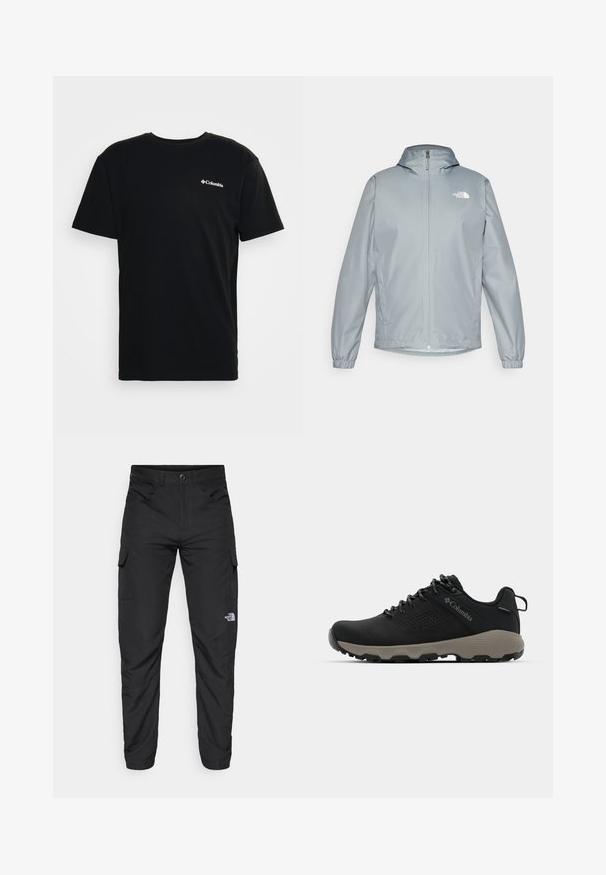 Lys grå vindjakke med hette, elastiske mansjetter, glidelås foran og en hvit logo på venstre bryst. Glatt, vannavstøtende materiale.; Svart bomull t-skjorte med korte ermer og rund hals. Har en liten hvit Columbia-logo på venstre bryst. Myk tekstur.; The North Face HORIZON PANT - Friluftsbukser - black; Svart tursko med glatt overdel, perforert design, grå såle og forsterket hæl. Har snøringer og en pull-tab for enkel påkledning.