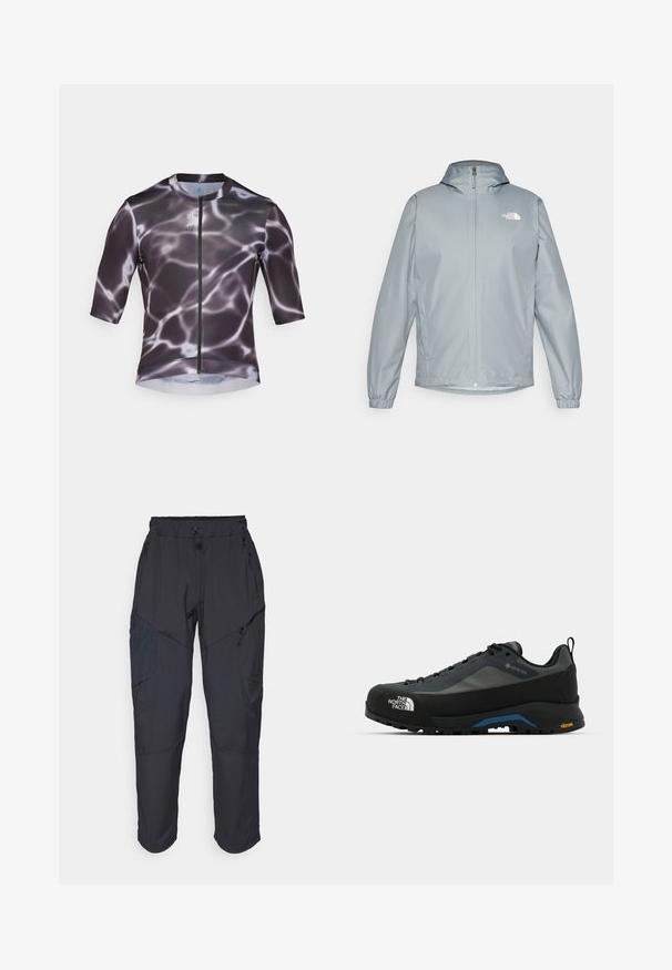 Veste coupe-vent gris clair avec capuche, poignets élastiques, fermeture éclair avant et logo blanc sur la poitrine gauche. Matière lisse et résistante à l'eau.; Maillot de cyclisme à manches courtes noir et gris avec un motif aquatique, doté d'une fermeture éclair sur le devant et d'un tissu lisse et extensible.; Pantalons cargo noirs en matériau léger et résistant à l'eau ; dotés d'une taille élastique, de plusieurs poches zippées et de jambes fuselées.; The North Face VERTO ALPINE GORE TEX - Chaussures de marche - asphalt grey/tnf black