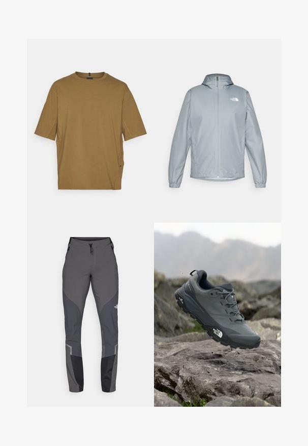 Lys grå vindjakke med hette, elastiske mansjetter, glidelås foran og en hvit logo på venstre bryst. Glatt, vannavstøtende materiale.; Kortermet, brun t-skjorte laget av myk stoff, med rund hals og sideåpninger for ekstra komfort. Enkel, u dekorert design.; Grå tursbukser med en innsnevret design, flere lommer og kontrasterende mørkegrå og svarte detaljer. Laget av et fleksibelt, slitesterkt materiale.; Grå terrengløpesko med en teksturert overdel, slitesterk gummisåle og forsterket tåhette. Inkluderer snørebånd og merkevarelogo på siden.
