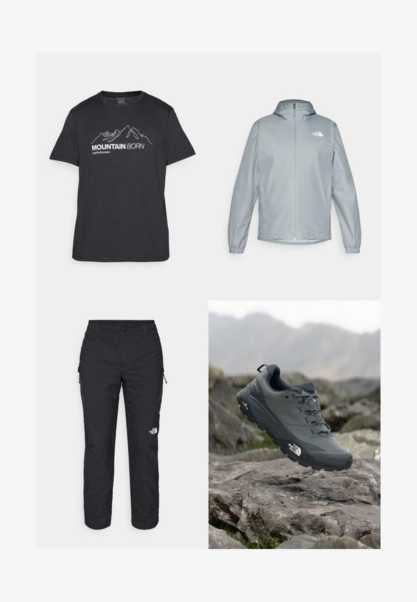 Lys grå vindjakke med hette, elastiske mansjetter, glidelås foran og en hvit logo på venstre bryst. Glatt, vannavstøtende materiale.; Peak Performance EXPLORE GRAPHIC TEE - T-shirts med print - black; The North Face WINTER EXPLORATION TAPERED CARGO - Friluftsbukser - black; Grå terrengløpesko med en teksturert overdel, slitesterk gummisåle og forsterket tåhette. Inkluderer snørebånd og merkevarelogo på siden.