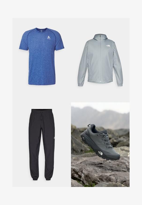 Casaco corta-vento cinza claro com capuz, punhos elásticos, fecho de correr à frente e um logotipo branco no lado esquerdo do peito. Material liso e resistente à água.; ODLO CREW NECK ESSENTIAL SEAMLESS - T-shirt básica - limoges melange; Calças atléticas pretas feitas de tecido leve, com um cós ajustável por cordão, bolsos laterais e punhos afunilados nos tornozelos.; Sapatilha de corrida em trilhos cinza com um cabedal texturizado, sola de borracha durável e ponteira reforçada. Apresenta atacadores e o logótipo da marca de lado.