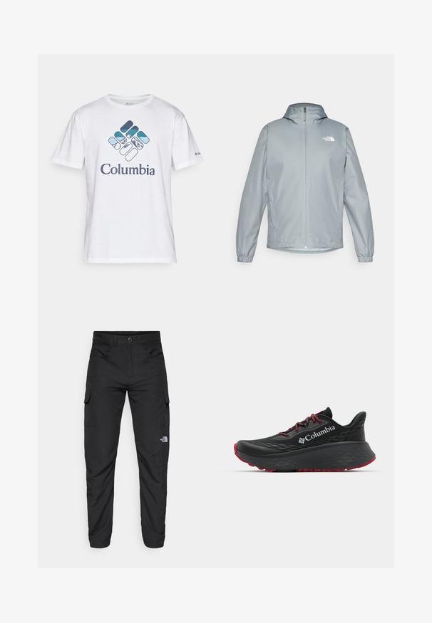 Gai pelēks vējjakas mētelis ar kapuci, elastīgiem piedurkņu galiem, priekšējo rāvējslēdzēju un balto logo kreisajā krūtīs. Gluda, ūdensizturīga materiāla.; Balts kokvilnas T-krekls ar zilo un zaļo kalnu motīvu Columbia logo uz priekša. Īsas piedurknes, apaļš kakls, brīvs piegriezums.; The North Face HORIZON PANT - Āra bikses - black; Melnas sporta kurpes ar teksturētu augšdaļu, sarkanām auklām un logotipu. Bieza zole ar rakstainu protektoru, lai nodrošinātu saķeri. Minimālisma dizains, sānu skats.