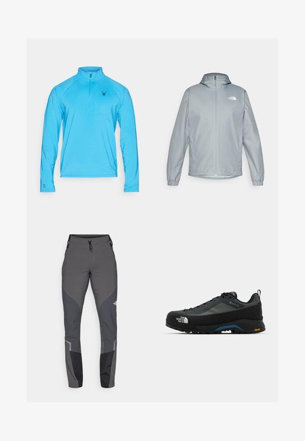 Jasnoszara kurtka przeciwwiatrowa z kapturem, elastycznymi mankietami, zamek błyskawiczny z przodu oraz białym logo na lewej piersi. Gładki, wodoodporny materiał.; Spyder GRIDWEB niebieski; Szare spodnie trekkingowe o tapered fit, z wieloma kieszeniami oraz kontrastującymi ciemnoszarymi i czarnymi akcentami. Wykonane z elastycznego, wytrzymałego materiału.; The North Face VERTO ALPINE szary