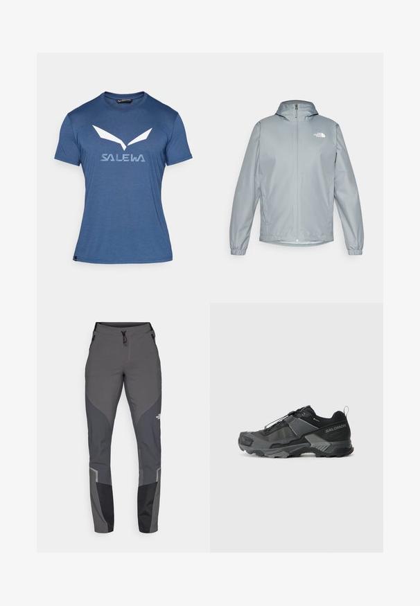 Chaqueta cortavientos de color gris claro con capucha, puños elásticos, cremallera delantera y un logo blanco en el lado izquierdo del pecho. Material liso y resistente al agua.; Camiseta de manga corta azul hecha de material suave, con un logotipo gráfico blanco y un diseño abstracto en la parte frontal. Cuello redondo simple.; Pantalones de senderismo grises con un diseño ajustado, múltiples bolsillos y acentos en gris oscuro y negro. Fabricados con un material flexible y duradero.; Zapatilla de trail running negra con parte superior de malla duradera, puntera reforzada, suela de goma texturizada y sistema de cordones elásticos para un ajuste seguro.