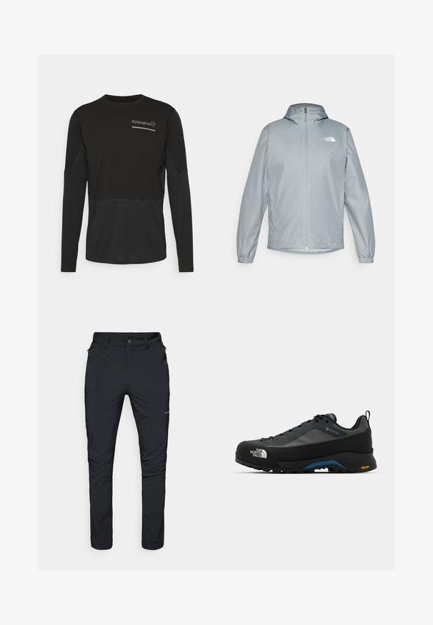 Casaco corta-vento cinza claro com capuz, punhos elásticos, fecho de correr à frente e um logotipo branco no lado esquerdo do peito. Material liso e resistente à água.; Norrøna SENJA EQUALISER LIGHTWEIGHT LONG SLEEVE - Camisola de manga comprida - caviar; Calças de exterior pretas com um corte reto, com bolsos com fecho, passantes para cinto e uma textura de tecido leve e durável.; The North Face VERTO ALPINE GORE TEX - Sapatos de caminhada - asphalt grey/tnf black
