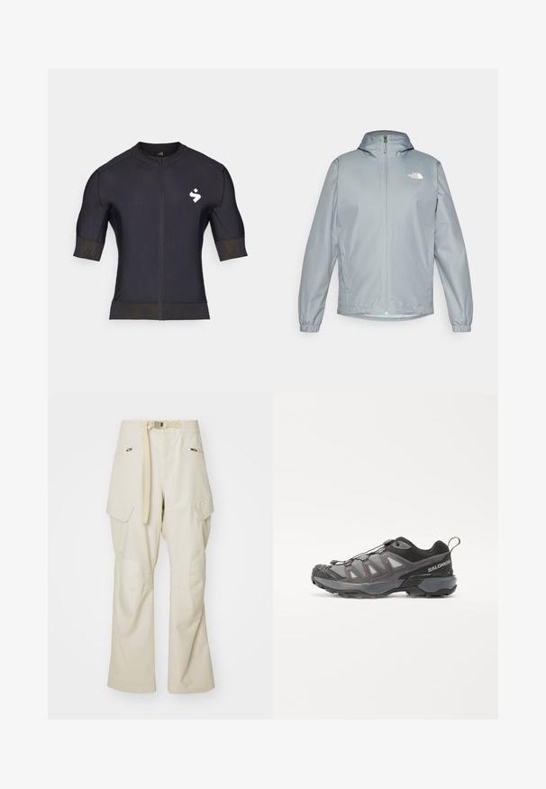 Lys grå vindjakke med hette, elastiske mansjetter, glidelås foran og en hvit logo på venstre bryst. Glatt, vannavstøtende materiale.; Svart zip-up skjorte med korte ermer, laget av glatt stoff. Har en liten hvit logo på venstre bryst og teksturerte ermekanter.; Beige cargo bukser med bred ben, bælte i taljen, to sidelommer og knælapper. Glat tekstur med forstærkede syninger.; Sportsko sko med et strømlinjeformet design, grå syntetisk overdel med mesh-paneler, svarte detaljer og gummisåle med utpreget grep.