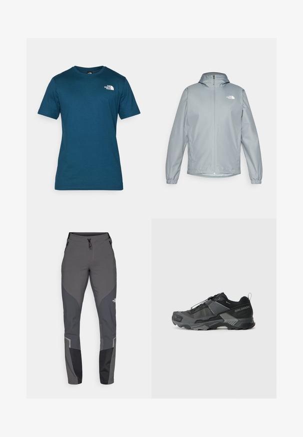 Šviesiai pilkas vėjui atsparus striukė su kapišonu, elastingomis rankogaliais, priekiniais užtrauktukais ir baltu logotipu ant kairiojo krūtinės. Lygaus, vandeniui atsparaus audinio.; The North Face BOX CELEBRATION TEE - Marškinėliai su spaudiniu - midnight petrol; Pilkos žygio kelnės, su siaurėjančiu dizainu, keliais kišenėmis ir kontrastingomis tamsiai pilkomis ir juodomis detalėmis. Pagamintos iš elastingos, tvirtos medžiagos.; Juodas bėgimo trail avalynė su patvariu tinkleliu, sustiprinta pado dalimi, tekstūruotu gumuotu padu ir elastingu raištelių sistema, užtikrinančia tvirtą prigludimą.