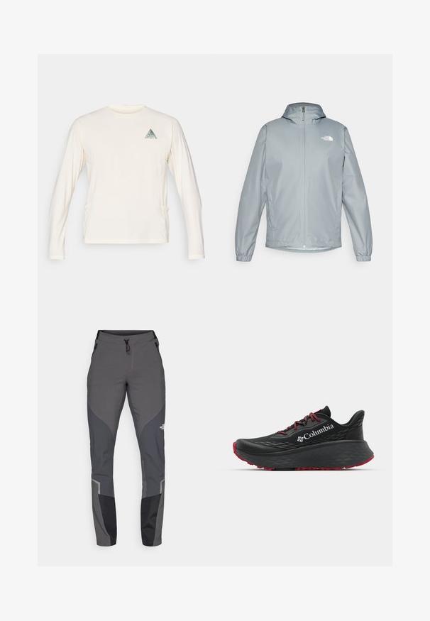 Jachetă de vânt gri deschis cu glugă, manșete elastice, fermoar frontal și un logo alb pe partea stângă a pieptului. Material neted, rezistent la apă.; Cămașă crem cu manșon lung, realizată dintr-un material moale, având o aplică grafică triangulară pe pieptul stâng și buzunare laterale.; Pantaloni de drumeție gri, cu un design conic, multiple buzunare și accente contrastante în gri închis și negru. Realizați dintr-un material flexibil și durabil.; Pantofle atletice negre cu superior texturat, șireturi roșii și logo. Talpă groasă cu izolație pentru aderență. Design minimalist, vedere laterală.