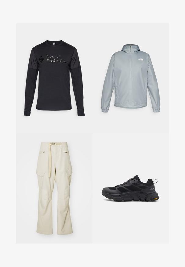 Világosszürke szélvédő dzseki kapucnival, rugalmas mandzsettákkal, elöl cipzárral és fehér logóval a bal mellkason. Simító, vízálló anyag.; Hosszú ujjú fekete sportpóló, texturált anyagból, fényes "Sweet Protection" logóval a mellkason. Puha és testhezálló kialakítás.; Beige munkaruhák széles lábakkal, övvel, két oldalsó zsebbel és térdvédőkkel. Simán textúra megerősített varrási részletekkel.; Fekete sportcipők masszív talppal, hálós és szintetikus felsőrésszel, texturált díszítésekkel és Vibram márkázással a külső talpon.