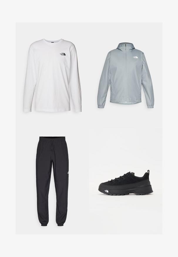 Svetlo siva jakna za veter s kapuco, elastičnimi manšetami, sprednjim zadrgo in belim logotipom na levi prsni strani. Gladek, vodoodporen material.; Bela dolgimi rokavi majica iz bombaža z okroglim izrezom. Ima majhen črn logotip na prsih. Gladka tekstura, običajen kroj.; Črne atletske hlače iz lahkega materiala, ki imajo elastični pas z vezalko, stranske žepe in zožene manšete na gležnjih.; Črne zunanje teniske s zgornjim delom iz usnja z nubukom, teksturiranim gumijastim podplatom in trdnim vezalnim sistemom. Imajo ojačan petni del in logotip blagovne znamke na strani.