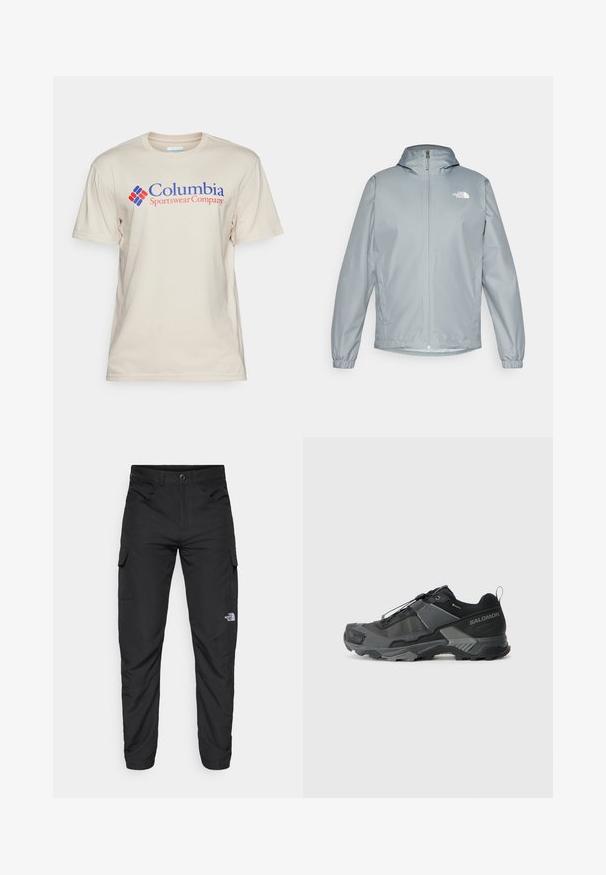 Heleda hallhallane tuulejope kapuutsiga, elastsete mansettide, ees oleva tõmbluku ja valge logoga vasakul rinnal. Sile, veekindel materjal.; Columbia BASIC LOGO™ SHORT SLEEVE - Trükipildiga T-särk - dark stone; The North Face HORIZON PANT - Õuepüksid - black; Musta matkajooksuking, millel on vastupidav sissetõmmatav mesh-ülemine osa, tugevdatud varbavarras, tekstureeritud kummitald ja elastne sidumisüsteem kindla sobivuse tagamiseks.