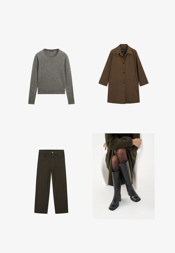 Cappotto marrone di media lunghezza con colletto, bottoni frontali e tasche laterali. Realizzato in tessuto testurizzato con una vestibilità comoda.; Maglione grigio a maniche lunghe realizzato in tessuto morbido, con collo rotondo e bordi a coste, dal design leggermente cropped.; Jeans a gamba larga di colore verde scuro, realizzati in tessuto misto cotone, dotati di chiusura con bottone frontale, cinque tasche e cuciture classiche in denim.; Stivali neri in pelle alti fino al ginocchio con punta squadrata e tacco a blocco, mostrati con un modello seduto in un cappotto verde oliva. Texture liscia, dettagli minimi.