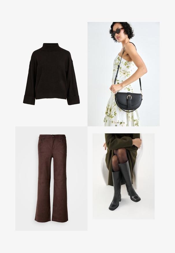 Hnědý, středně dlouhý kabát s límečkem, předními knoflíky a bočními kapsami. Vyrobený z texturované látky s volným střihem.; Černý rolák s volným střihem, se žebrovanými manžetami a lemem, vyrobený z měkké pleteniny. Jednoduchý, čistý design.; Hnědé rozšířené kalhoty z jemné, semišové látky. Obsahují čtyři kapsy, zapínání na knoflík a hladký, texturovaný povrch.; Černé kožené boty po kolena s hranatou špičkou a blokovým podpatkem, předvedené na modelce sedící v olivově zeleném kabátu. Hladký povrch, minimalizované detaily.; Černá kožená kabelka s křivkovým tvarem, odnímatelným popruhem a zlatými detaily. Kabelka má klopu s přezkou.
