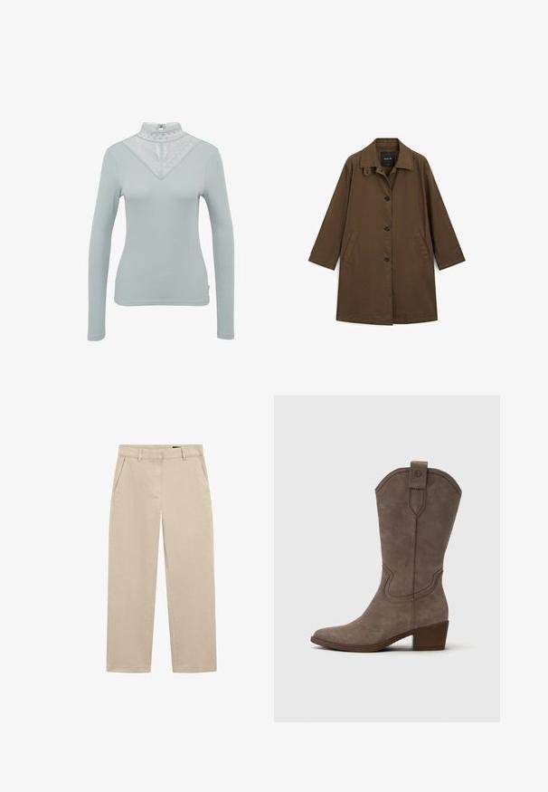 Bruine, mid-lange jas met een kraag, frontknopen en zijzakken. Gemaakt van textuurstof met een ontspannen pasvorm.; Lichtblauw lang mouwen top met een kanten hoge halslijn met een driehoekig patroon en een geribbelde textuur. Inclusief een sleutelgat sluiting aan de achterzijde.; Beige chino's gemaakt van katoen twill, met een recht gesneden ontwerp, twee voorzakken en een rits sluiten. Soepele textuur met minimale detailing.; Tamaris Cowboy-/Bikerlaarzen - taupe