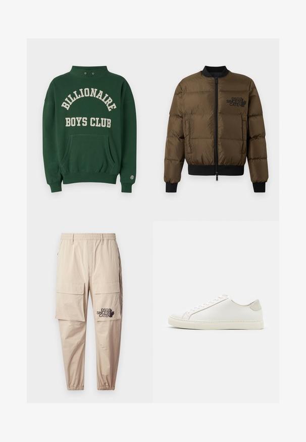 Olive green puffer jacket with a zip front, ribbed cuffs, and hem. Features black logo print on the chest and quilted design.; Green sweatshirt with high neckline, front pocket, and "BILLIONAIRE BOYS CLUB" printed in cream. Includes logo patch on left sleeve.; Beige cargo pants made of lightweight fabric, featuring an elastic waistband, zip pockets, and a printed logo on the left leg.; White leather sneaker with a smooth surface, round toe, and minimalistic design. Features beige accents on the heel and a rubber sole.