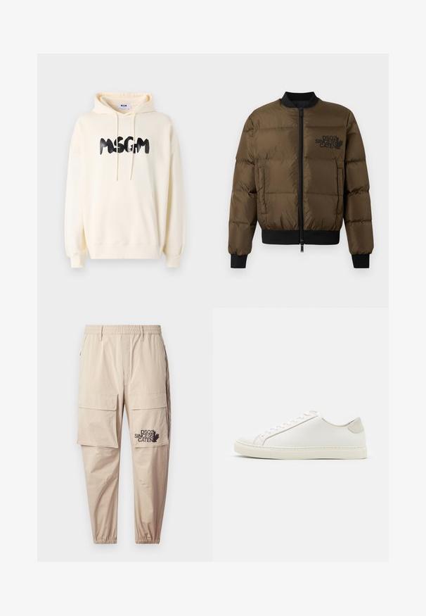 Giacca a vento verde oliva con zip frontale, polsini e orlo a coste. Presenta una stampa del logo nera sul petto e un design trapuntato.; Felpa color crema con tasca frontale, cappuccio con coulisse e logo nero "MSGM". Presenta polsini e orlo a coste, realizzata in tessuto morbido.; T-shirt nera a maniche corte in cotone con collo rotondo, con stampa bianca: "DSQUARED2 HERITAGE Fondata 1995" sul fronte.; Pantaloni cargo beige realizzati in tessuto leggero, dotati di vita elasticizzata, tasche con zip e un logo stampato sulla gamba sinistra.; Sneaker bianca in pelle con superficie liscia, punta rotonda e design minimalista. Presenta dettagli beige sul tallone e una suola in gomma.