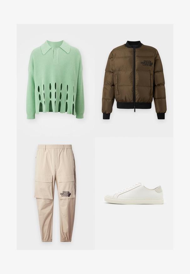 Olíva zöld puffernadrág, cipzárral elöl, bordás mandzsettákkal és szegéllyel. Fekete logónyomattal a mellkason és steppelt dizájnnal rendelkezik.; Mentazöld kötött pulóver, galléros nyakkal, a szélén kivágott lyukakkal és bordázott textúrával az egész felületen.; Beige cargo nadrág könnyű anyagból, rugalmas derékkal, cipzáras zsebekkel és nyomott logóval a bal lábon.; Fehér bőr sneaker sima felülettel, kerek orral és minimalista dizájnnal. Bézs kiemelésekkel a sarokon és gumitalppal rendelkezik.